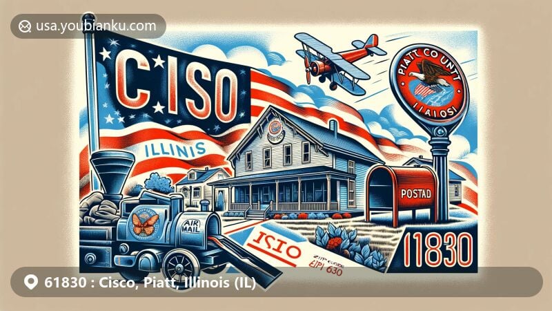 Modern illustration of Cisco, Piatt County, Illinois, incorporating postal theme with ZIP code 61830, featuring vintage air mail envelope, Illinois state flag, Piatt County outline, postal stamp, and mailbox.