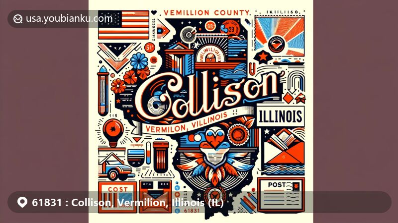Modern illustration of Collison, Vermilion County, Illinois, featuring postal theme with ZIP code 61831, incorporating state flag and iconic Illinois symbols.
