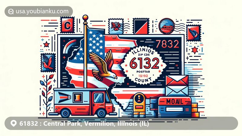 Modern illustration of ZIP Code 61832, featuring Illinois state flag, Vermilion County outline, stamps, postmark, mailbox, and mail truck on a postcard.