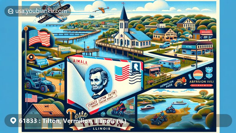 Modern illustration of Tilton, Illinois, highlighting postal heritage with airmail envelope featuring Charles Tilton, Herschel Lake, Vermilion River, ATV Park, and local parks, showcasing community spirit and outdoor activities.