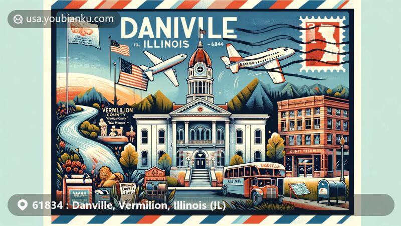 Modern illustration of Danville, Illinois, emphasizing ZIP code 61834, featuring Vermilion County Courthouse, Vermilion County War Museum, Danville Art League, and Kennekuk County Park, designed as an airmail envelope with Illinois state flag stamp and Danville postal cancellation mark.