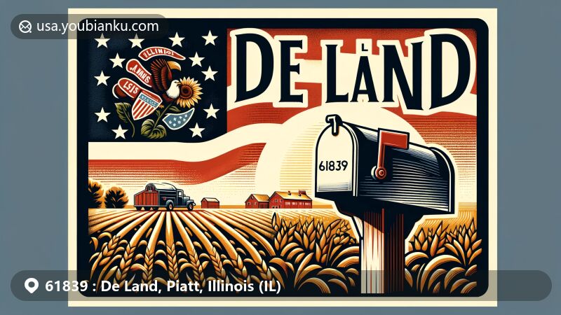 Modern illustration of De Land, IL, with ZIP code 61839, showcasing Illinois state flag and rural elements, such as a mailbox and agriculture, capturing the town's agricultural identity.
