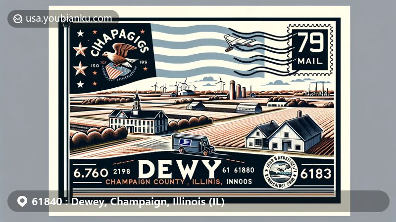 Modern illustration of Dewey, Champaign County, Illinois, showcasing postal theme with ZIP code 61840, featuring Illinois state flag and Champaign County outline.