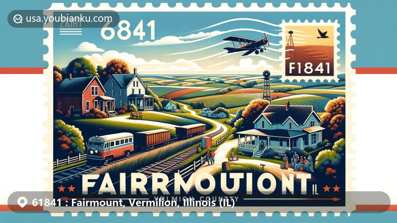 Modern illustration of Fairmount, Vermilion County, Illinois, representing ZIP code 61841, showcasing rural life, community spirit, Norfolk Southern Railway, and agricultural landscape.