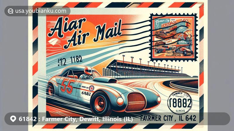 Modern illustration of Farmer City, Illinois, featuring air mail envelope with ZIP code 61842, showcasing Farmer City Raceway and Illinois state flag elements.