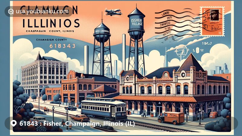 Modern illustration of Fisher village, Champaign County, Illinois, showcasing postal theme with ZIP code 61843, featuring iconic train station, water tower, Orpheum Theater, and Villard Court.