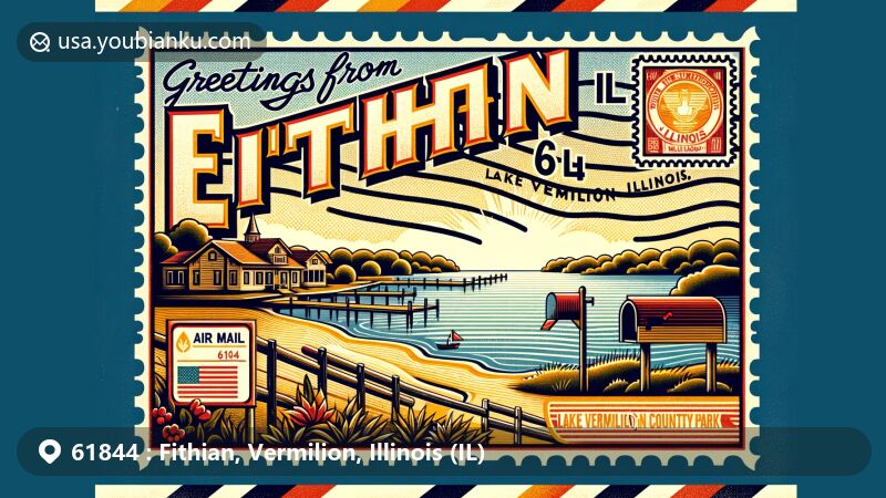 Modern illustration of Fithian, Vermilion, Illinois, highlighting Lake Vermilion County Park's natural beauty and tranquility, framed with vintage air mail envelope border and including Illinois state flag. Features stylized mailbox stamp and 'Greetings from Fithian, IL 61844' text.