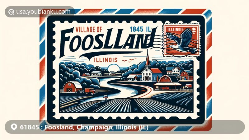 Modern illustration of Foosland, Illinois, in air mail envelope style, depicting small-town charm, agricultural settings, and Lone Tree Creek, with Illinois state flag and Champaign County outline in the background, featuring ZIP code 61845 and name 'Foosland, IL.'