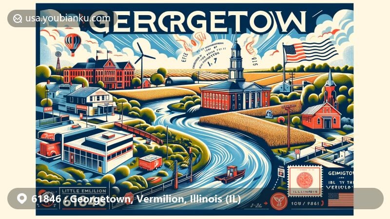Modern illustration of Georgetown, Vermilion County, Illinois, highlighting fertile farmland, the Little Vermilion River, and elements representing the city's community spirit, including local murals and city hall, featuring postal theme with ZIP code 61846 and Illinois state seal.