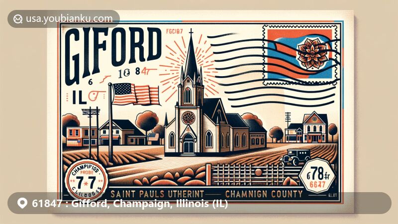 Modern illustration of Gifford, Champaign County, Illinois, showcasing postal theme with ZIP code 61847, featuring Saint Pauls Lutheran Church and Gifford Post Office.
