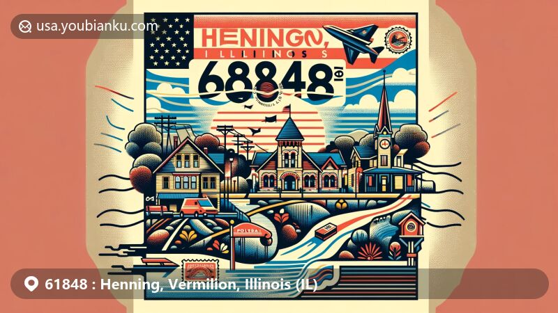Modern illustration of Henning, Illinois 61848 ZIP code area in Vermilion County, featuring creative postal theme with vintage postcard elements and vibrant colors, showcasing village and natural surroundings.