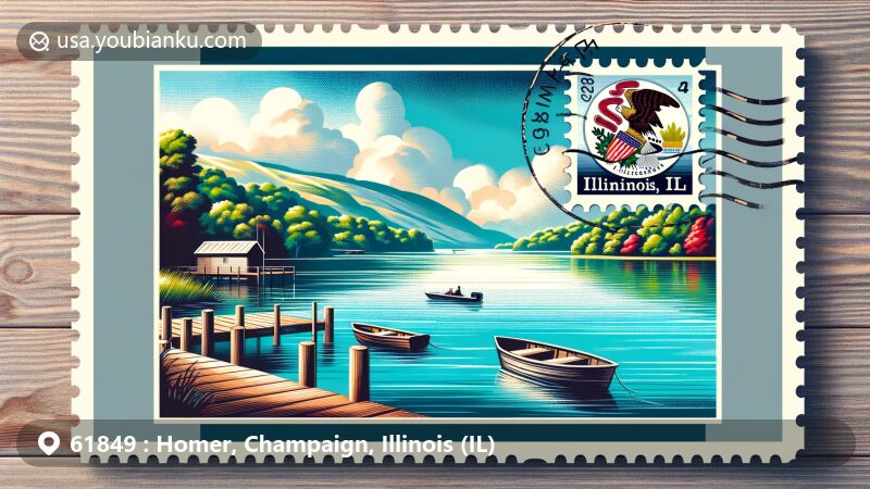 Modern illustration of Homer Lake in Champaign County, Illinois, featuring serene beauty and small boats, with subtle incorporation of the Illinois state flag and a postmark with ZIP code 61849.
