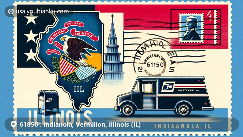 Modern illustration of Indianola, Illinois, resembling a postcard with state flag and map silhouette, showcasing postal theme with 'Indianola' stamp and '61850 Indianola, IL' postal mark, featuring American mailbox and postal van.