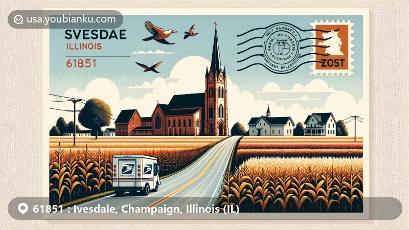 Modern illustration of Ivesdale, Illinois, in Champaign County, featuring Saint Joseph Roman Catholic Church, known as 'The Cathedral of the Cornfield,' set against Illinois' farmlands. Postcard design includes ZIP Code 61851, postmark, mailbox, and mail truck.