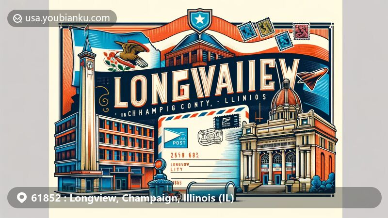 Modern illustration of Longview, Champaign County, Illinois, reflecting ZIP code 61852 with state flag, landmarks like Orpheum Theater and U.S. Post Office, postal elements, and vibrant artistic style.