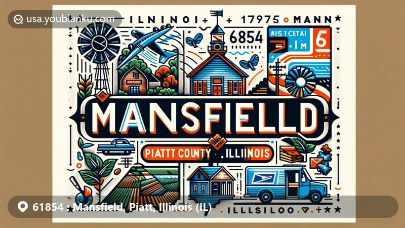 Modern illustration of Mansfield, Piatt County, Illinois, highlighting postal theme with ZIP code 61854, featuring post office, Illinois outline, Piatt County shape, and rural village life elements.