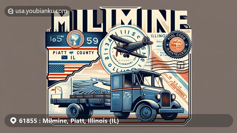 Modern illustration of Milmine, Piatt County, Illinois, featuring postal theme with ZIP code 61855, showcasing rural landscape and vintage postal elements.