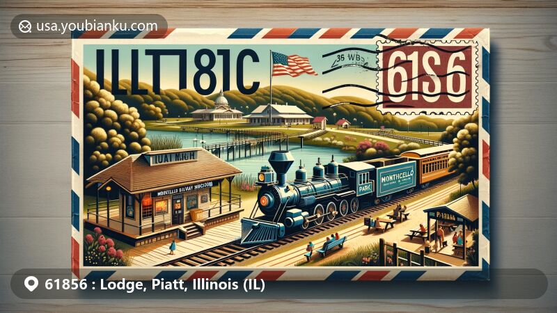 Wide-format illustration of Lodge, Piatt County, Illinois, featuring Monticello Railway Museum with vintage train symbolizing local heritage, set against Lodge Park's 500-acre forest preserve along Sangamon River, framed in airmail envelope with ZIP code 61856 and Illinois state flag.