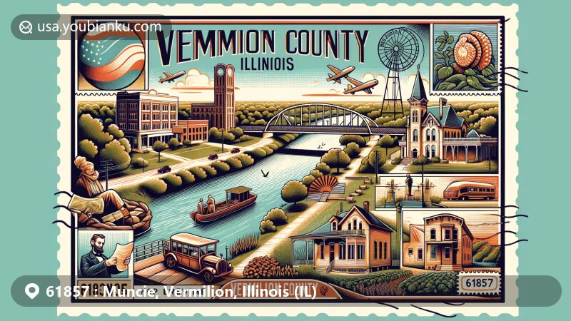 Modern illustration of Muncie, Vermilion County, Illinois, featuring rich history and landmarks, like Vermilion River, agricultural heritage, Vermilion County Museum, Hoopes-Cunningham Mansion, Hoopeston Carnegie Public Library, and Stone Arch Bridge.
