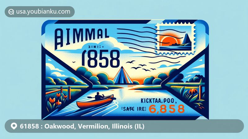 Modern illustration of an airmail envelope with ZIP code 61858, featuring Kickapoo State Recreation Area in Oakwood, Illinois, showcasing outdoor activities and Illinois state flag.