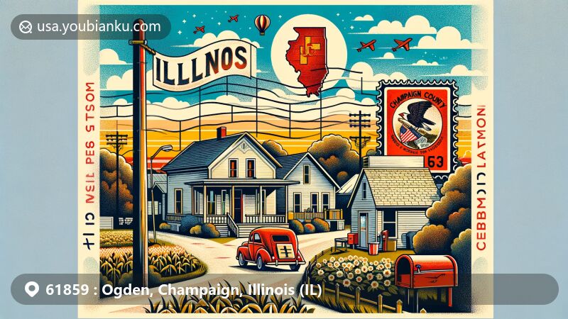 Creative illustration of Ogden, Champaign County, Illinois, blending state symbols like the flag and Northern Cardinal with vintage postal elements and ZIP code 61859.