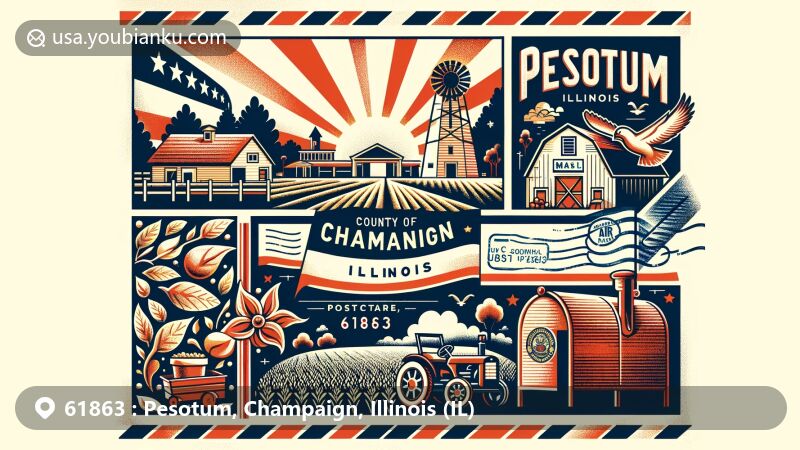 Modern illustration of Pesotum, Champaign, Illinois, featuring postcard design with local agricultural and landscape symbols, Illinois state flag, Champaign County emblem, vintage stamp, postmark with ZIP code 61863, and classic postal elements.