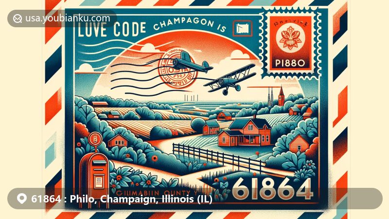 Creative illustration of Philo, Illinois, showcasing ZIP code 61864 in Champaign County with rural charm and community spirit, featuring fields, farms, and iconic landmarks against an air mail envelope backdrop.