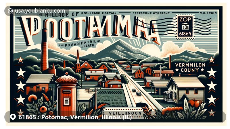 Modern illustration of Potomac, Vermilion County, Illinois, highlighting the historical village with ZIP code 61865, showcasing rich history, cultural significance, and postal theme.