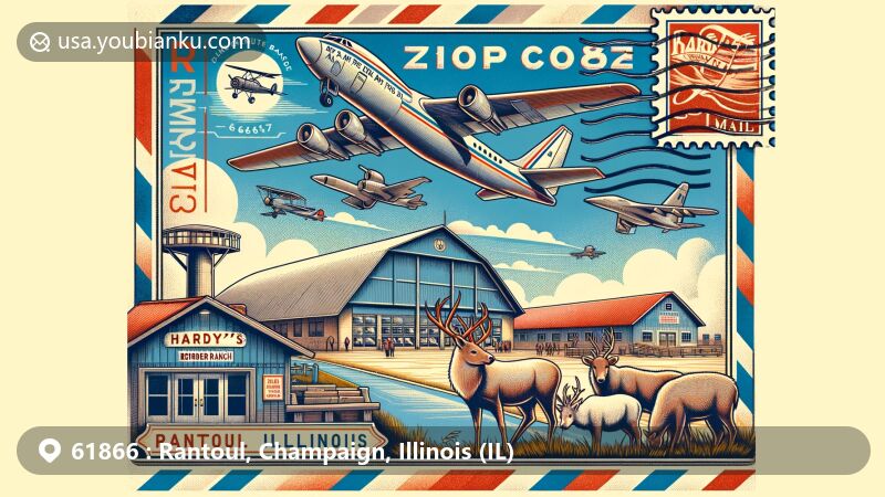 Modern illustration of Rantoul, Illinois area with ZIP code 61866, featuring Chanute Air Force Base and Hardy's Reindeer Ranch in a postcard theme. Postal elements like stamps and airmail borders are included, all in a vibrant color palette.