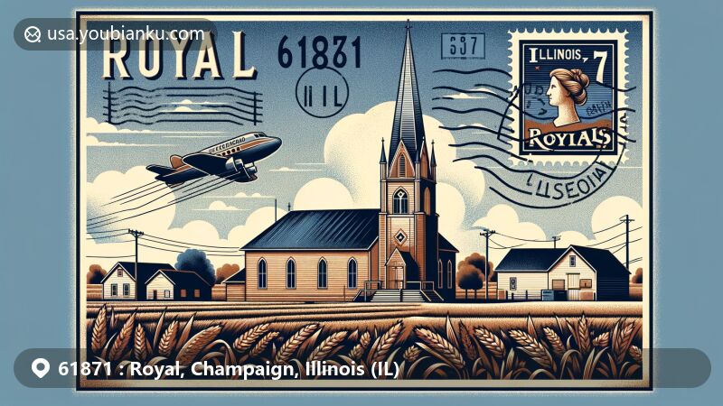 Modern illustration of Royal, Champaign County, Illinois, featuring St. John Lutheran Church silhouette against Illinois farmlands and blue sky, with vintage airmail envelope displaying postal code 61871 and state flag elements.