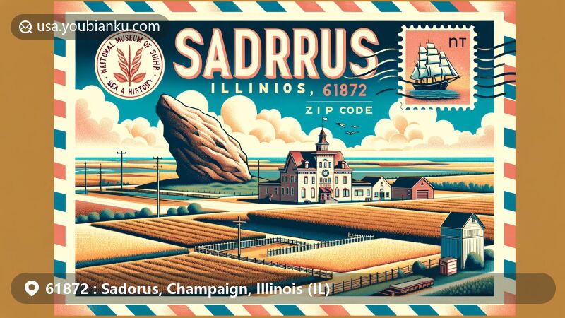 Modern illustration of Sadorus, Champaign County, Illinois, highlighting the National Museum of Ship Models and Sea History, Sadorus Rock, and agricultural environment.