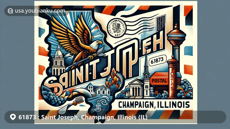 Modern illustration of Saint Joseph, Champaign, Illinois, highlighting postal theme with ZIP code 61873, featuring state flag, Champaign County outline, and symbols of Saint Joseph.