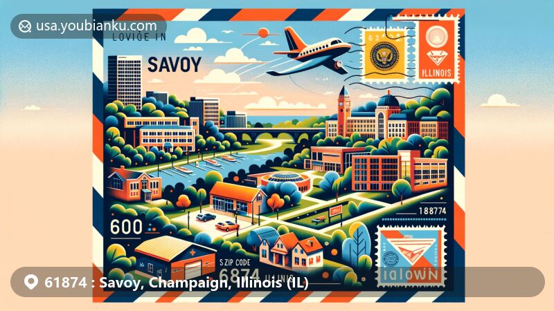Modern illustration of Savoy, Champaign County, Illinois, showcasing postal theme with ZIP code 61874, featuring University of Illinois Willard Airport, local landmarks, Savoy postmark, and vibrant community spirit.