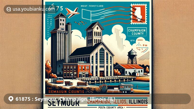 Contemporary illustration of Seymour, Champaign County, Illinois, resembling a modern postcard for ZIP Code 61875, featuring Seymour Post Office and Grain Elevator, Champaign County symbolism, and postal design elements.