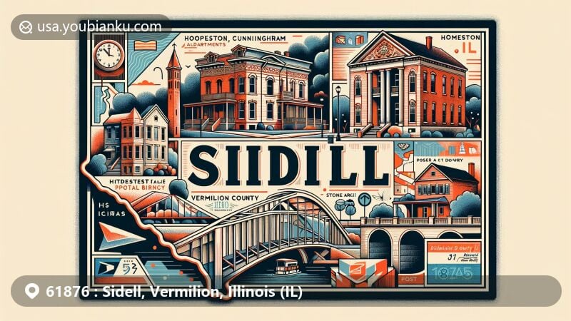 Contemporary illustration of Sidell, Vermilion County, Illinois, blending historical buildings with postal elements, featuring ZIP code 61876 and local landmarks.