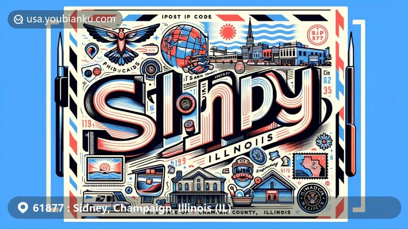 Modern illustration of Sidney, Illinois, in Champaign County, featuring postcard theme with air mail elements and ZIP code 61877, showcasing Illinois state symbols and cultural landmarks.