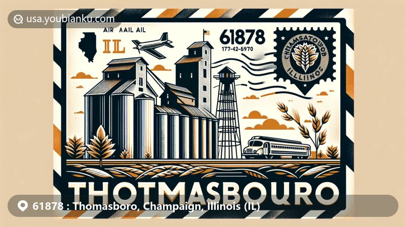 Modern illustration of Thomasboro, Champaign County, Illinois, with a vintage postcard theme highlighting ZIP code 61878. Features grain elevators representing agricultural heritage, Illinois state flag, and Champaign County map. Design framed with air mail envelope border, post stamp, and postmark.