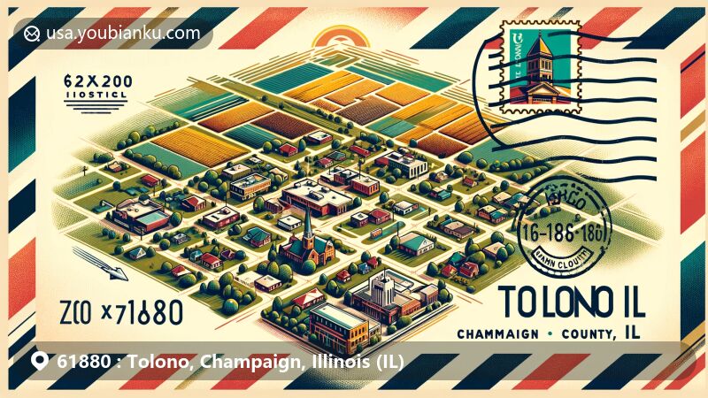 Modern illustration of Tolono, Champaign County, Illinois, blending postal elements with local landmarks, highlighting Tolono Public Library and ZIP code 61880 on a vintage postal envelope.