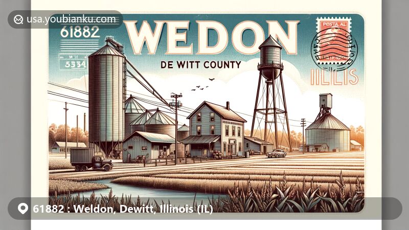 Modern illustration of Weldon, Illinois, displaying iconic landmarks including the water tower and grain elevators, set against a Midwestern landscape with wide fields and clear skies.