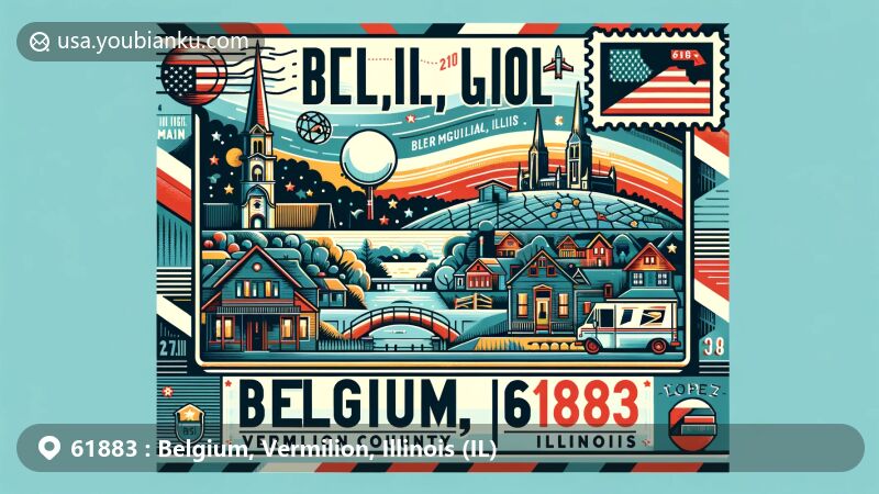 Modern illustration of Belgium, Vermilion County, Illinois, showcasing ZIP Code 61883, featuring state symbols and charming village scenery.