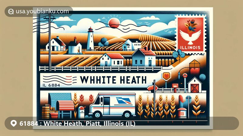 Modern postcard illustration of White Heath, Illinois, embracing its agricultural roots, with a subtle nod to the Illinois state flag, featuring postal elements like 'White Heath, IL 61884' and symbols such as a postage stamp, postmark, mailbox, and postal van.