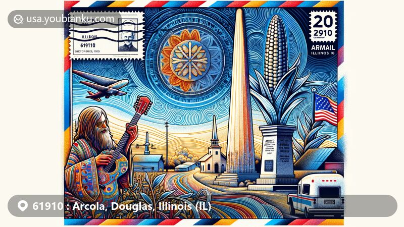 Modern illustration of Arcola, Illinois, featuring airmail envelope with Hippie Memorial and broom corn pattern, showcasing Amish community and postal elements with ZIP Code 61910.