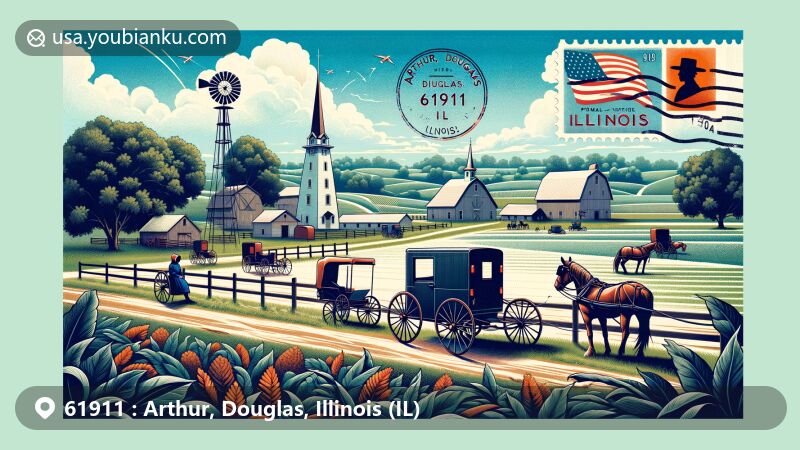 Modern illustration of Arthur, Douglas County, Illinois, blending Amish heritage with postal theme, featuring Amish buggy, farm, vintage postcard, Illinois state flag stamp, and ZIP code 61911.