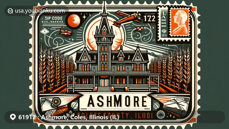 Modern illustration of Ashmore area in Coles County, Illinois, featuring Ashmore Estates representing history and paranormal fame, surrounded by agricultural motifs and Illinois state flag, with postal elements including vintage postage stamp, zip code '61912', air mail envelope border, and Ashmore postmark.