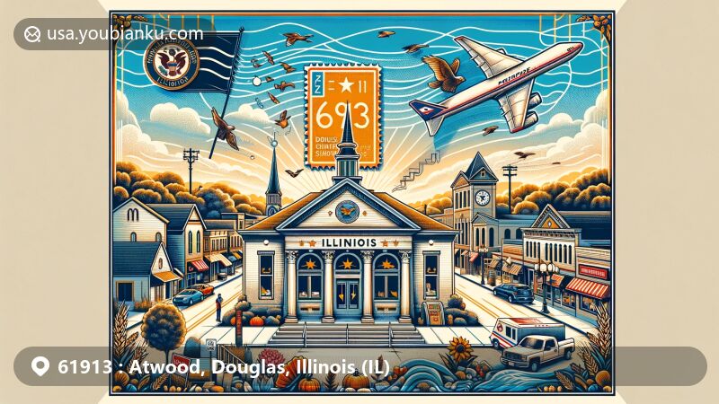 Modern illustration of Atwood, Douglas and Piatt Counties, Illinois, highlighting postal theme with ZIP code 61913, featuring Atwood Post Office and symbols of safe, family-friendly community life.