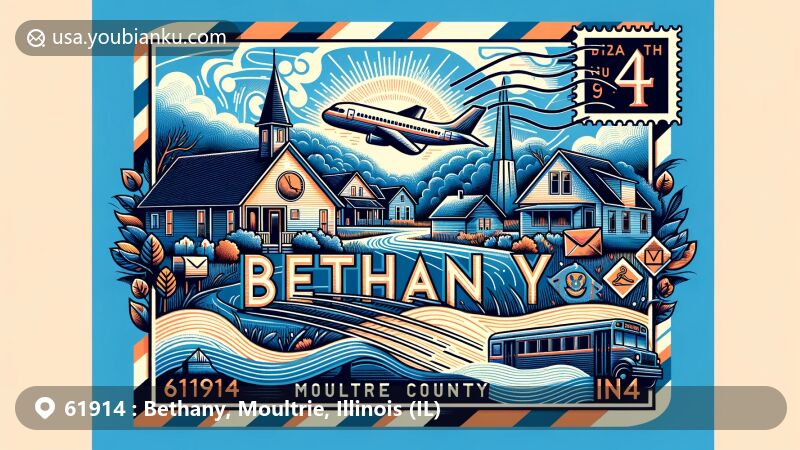Modern illustration of Bethany, Moultrie County, Illinois, blending postal elements with local symbols, showcasing rural landscapes and notable landmarks, with a vibrant color palette and clean design.