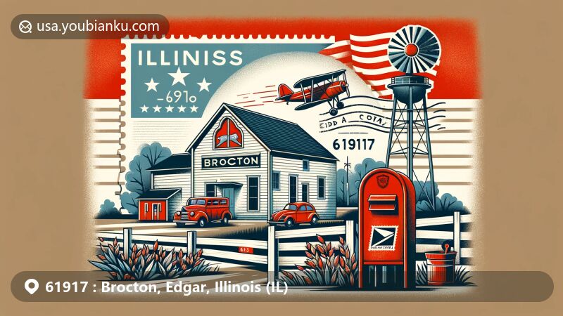 Modern illustration of Brocton, Edgar County, Illinois, highlighting postal theme with ZIP code 61917, featuring Illinois state flag, Edgar County outline, vintage air mail envelope, '61917' postage stamp, Brocton postmark, and red postal mailbox.