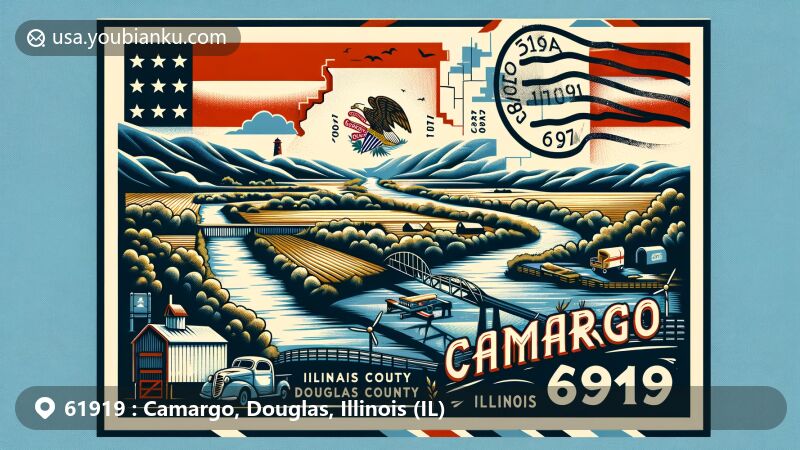 Modern illustration of Camargo, Douglas County, Illinois, showcasing postal theme with ZIP code 61919, featuring Illinois state flag, Embarras River, and vintage postal elements.