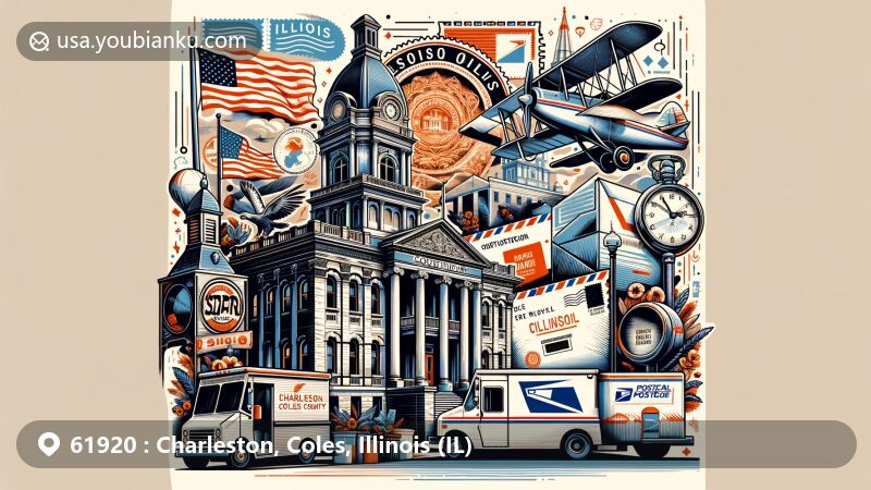 Creative illustration of Charleston, Coles, Illinois (IL), featuring landmark historic courthouse merged with postal themes and vintage postage elements, symbolizing communication through mail. Background includes subtle Illinois state flag motif.