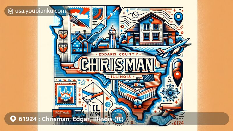 Modern illustration of Chrisman area in Edgar County, Illinois, with ZIP code 61924, featuring local landmarks and postal theme.